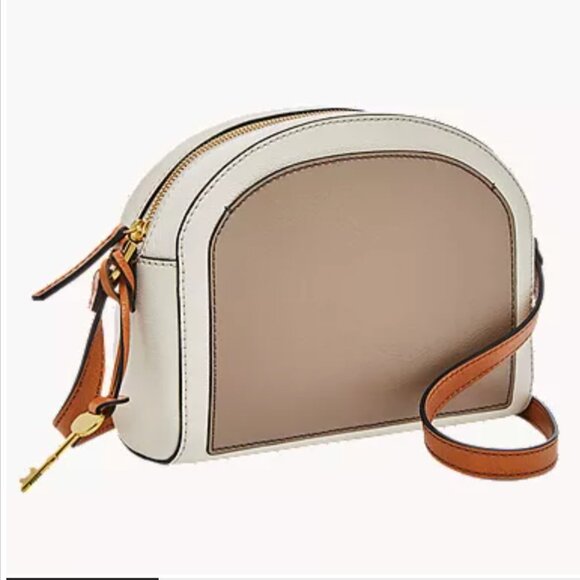 Fossil Chelsea Colorblock Leather Crossbody Bag White Tan ZipTop Everyday Casual - Picture 2 of 11